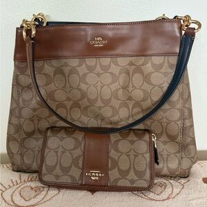 Coach Large Lexi Saddle Bag F27972 tan & brown leather with matching wallet